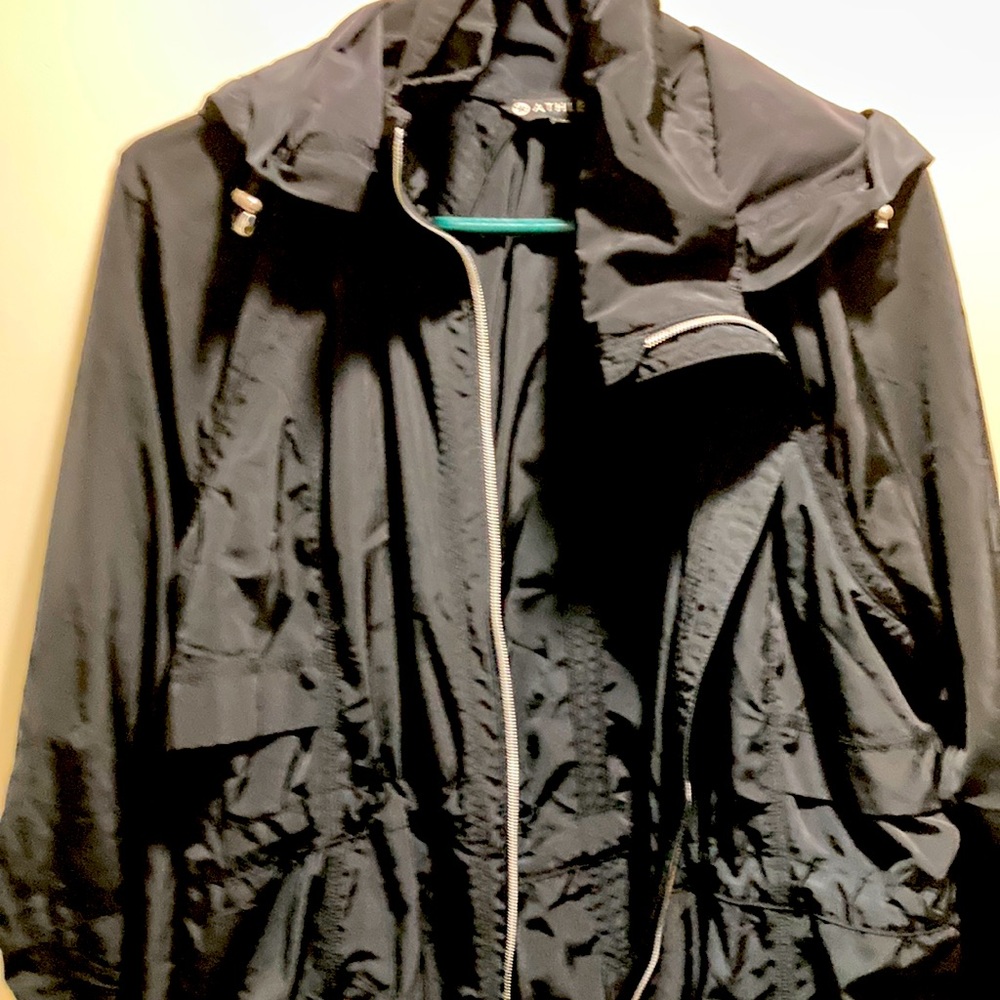 Like new Athleta Long lightweight jacket with hood in black.